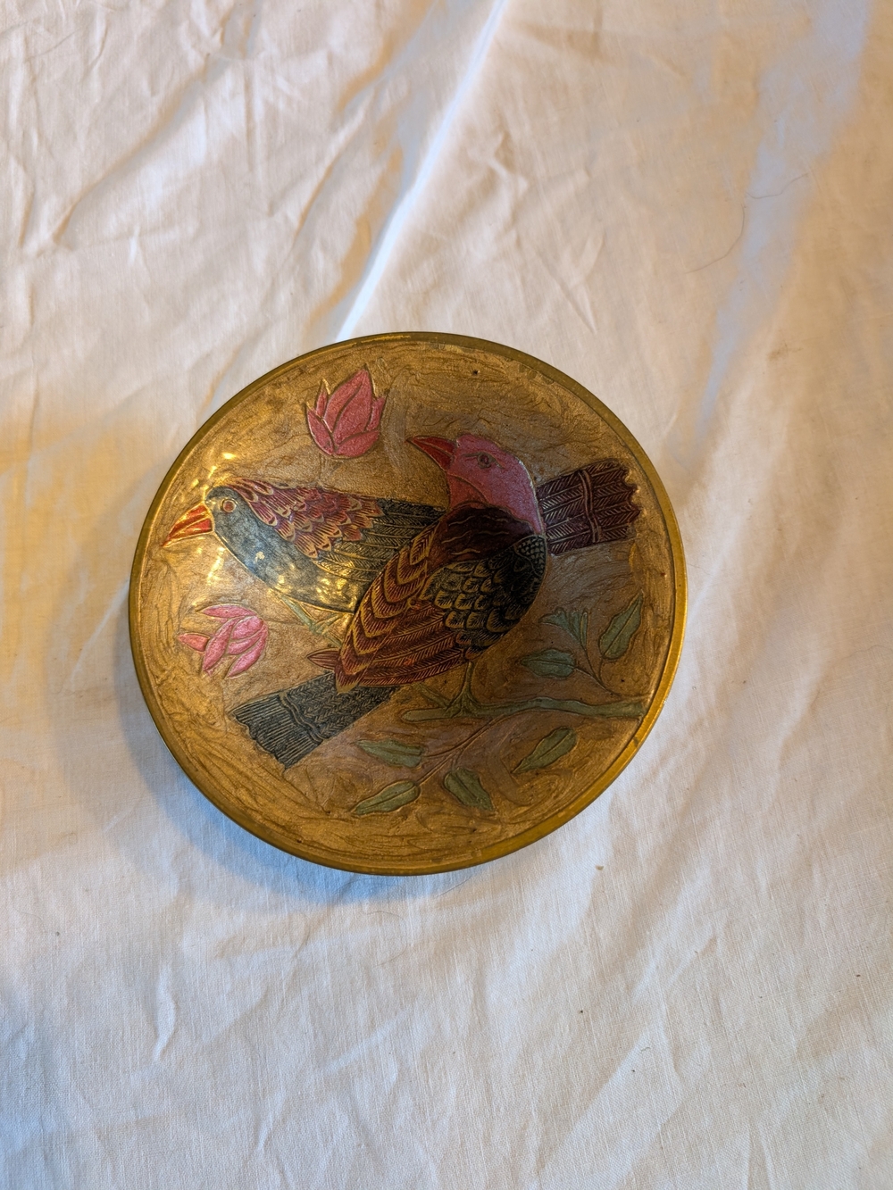 2/40$ Vintage Brass Bird trinket Dish with Pink and Green Accents